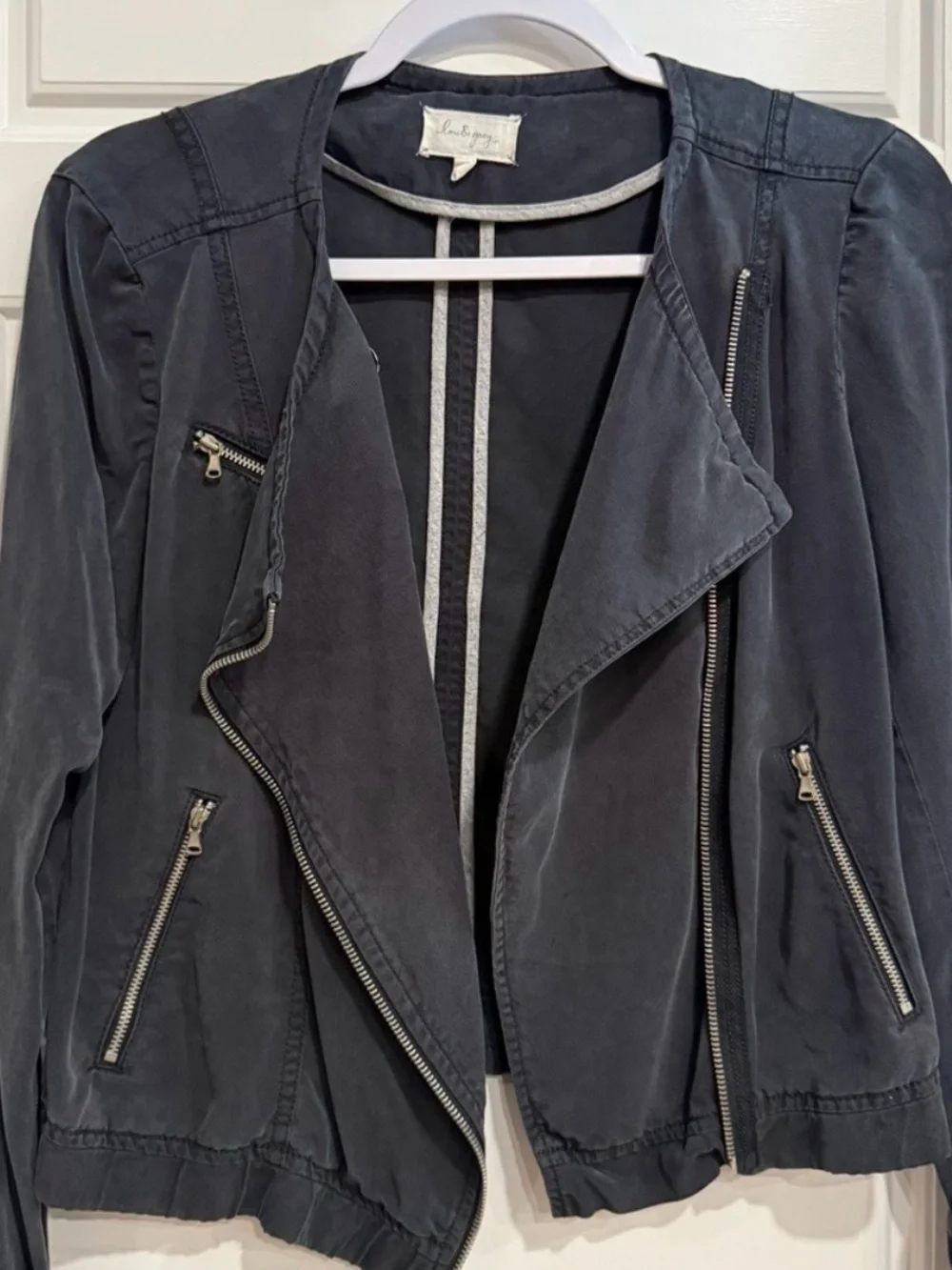 Lou & Grey XS Charcoal Gray Draped Moto Jacket Asymmetrical Zip Pockets